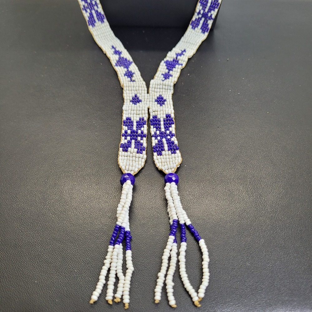 Vintage Handcrafted Loom‎ Beaded Necklace Blue White Geometric Tassel Y-Necklace